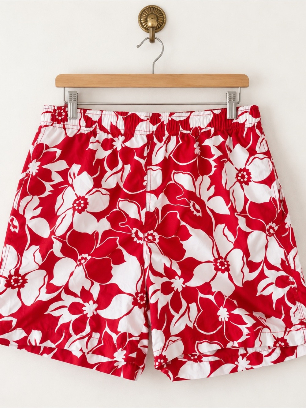 lands’ end men’s red white floral swim trunks size medium 32-34